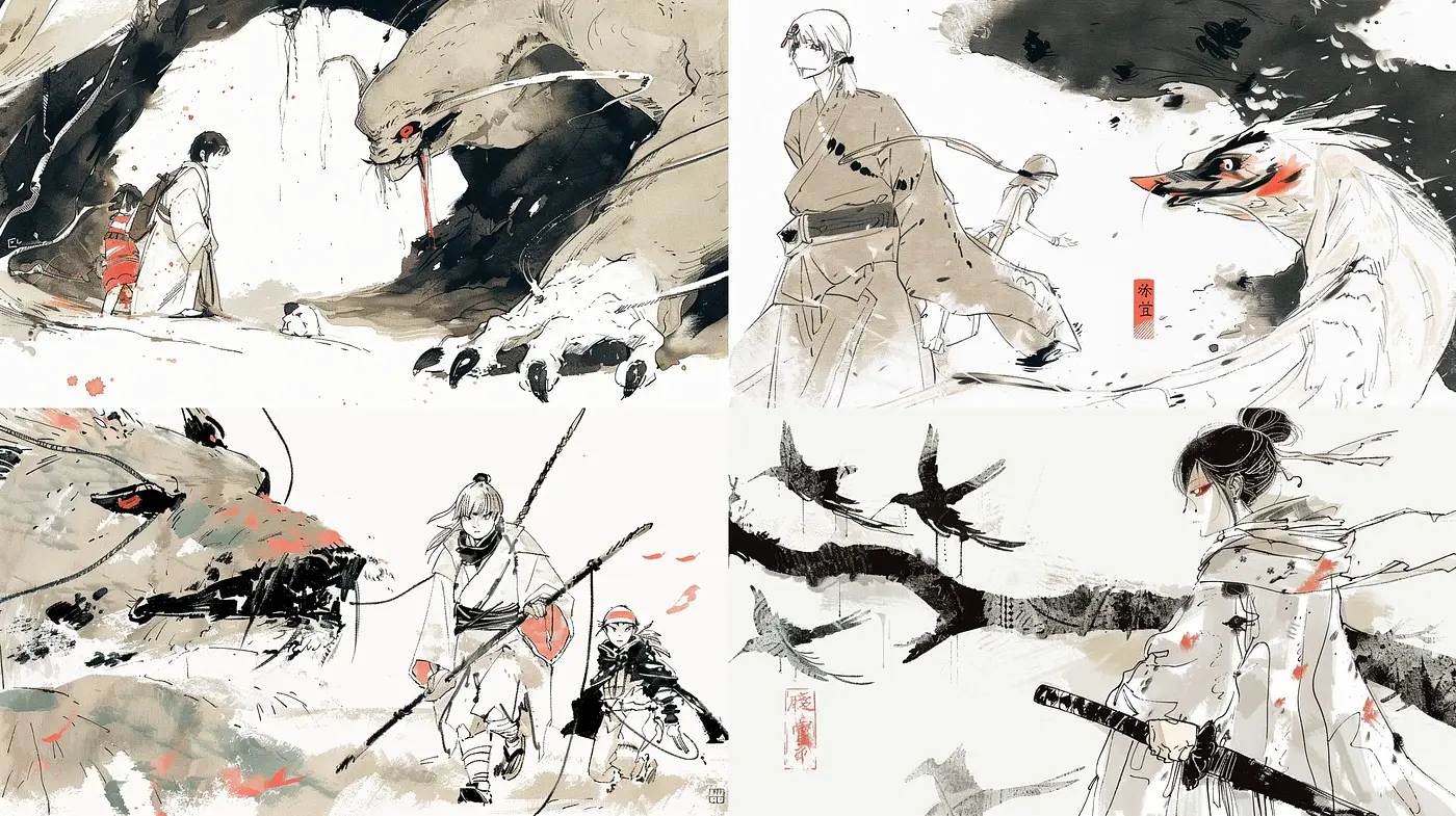 Ethereal Brushwork Harmony with Ink and Wash Purity - Midjourney sref style