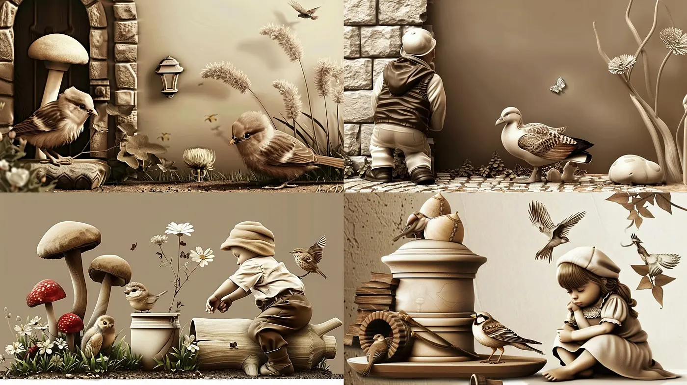Sepia-Toned Pastoral Dreamscapes: An Exploration of Harmony and Tranquility in Stylized Art - Midjourney sref style