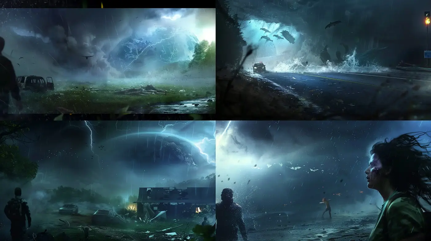 Cinematic Apocalyptic Stormscapes with Surreal Overtones - Midjourney sref style
