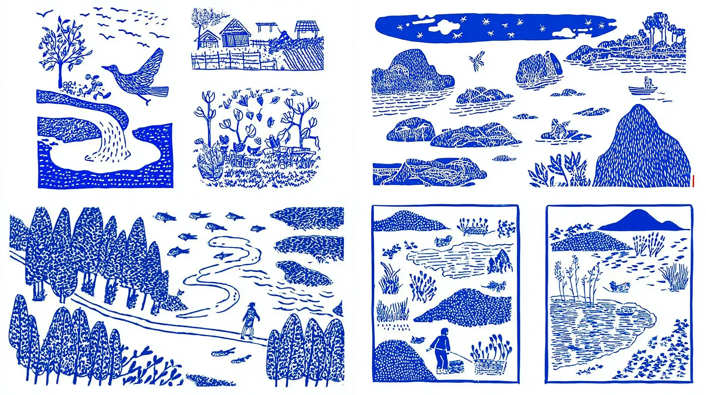 Intricate Blue Illustrations with a Whimsical and Nature-Inspired Aesthetic - Midjourney sref style