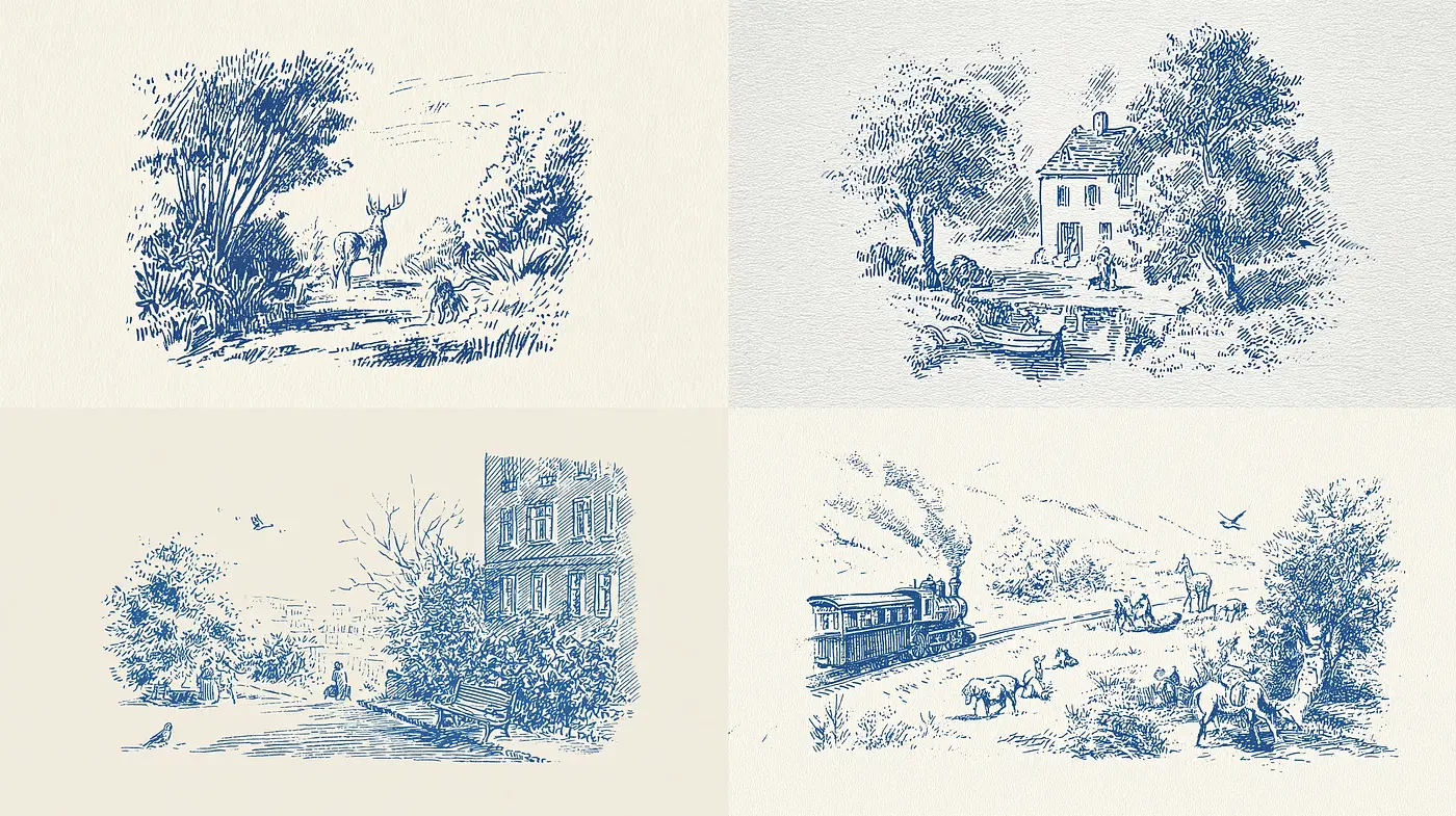 Serene Blue Landscape Illustrations with Vintage Charm and Detailed Textures - Midjourney sref style