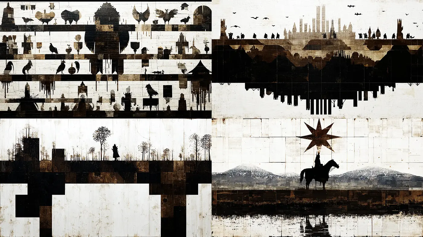 Monochromatic Textured Landscapes with Surreal Elements - Midjourney sref style