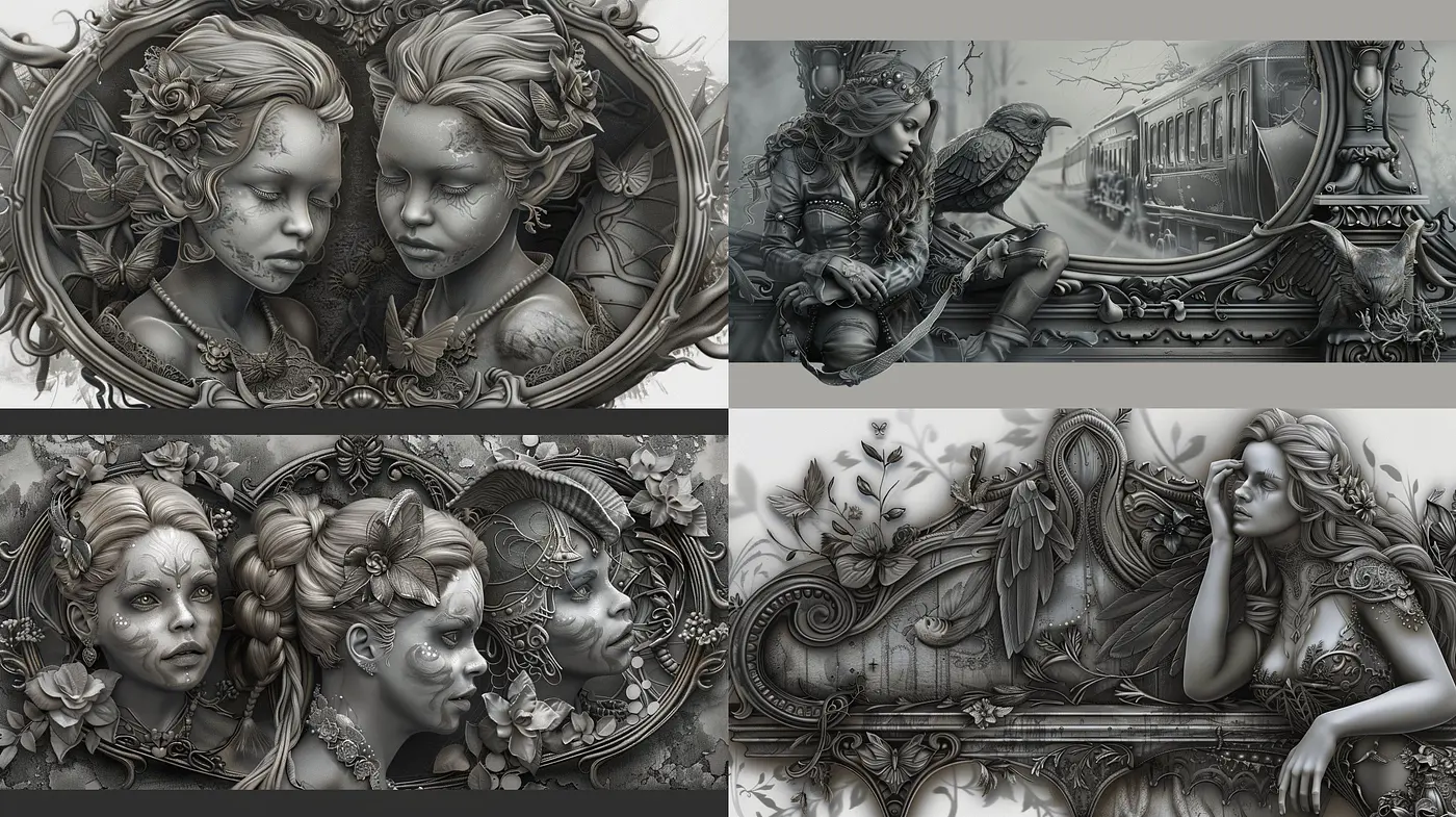 Monochromatic Elegance in Sculptural Reverie - Midjourney sref style