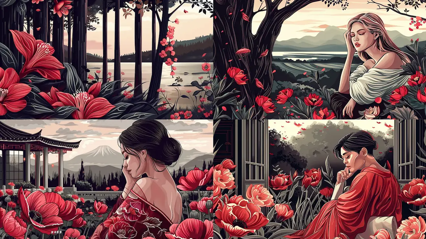 Serene Floral Landscapes with a Blend of Contemporary Elegance - Midjourney sref style