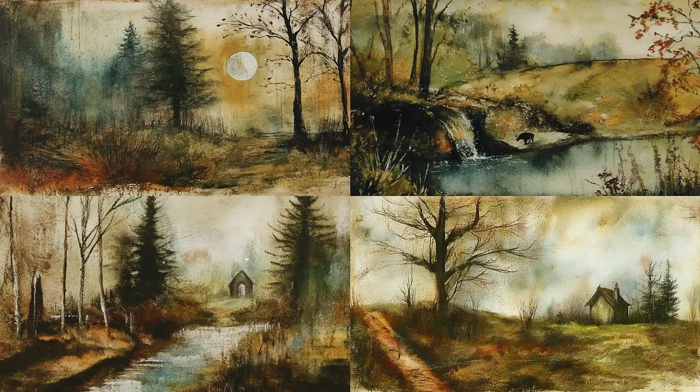 Tranquil Rustic Brushwork with Earthy Tones - Midjourney sref style