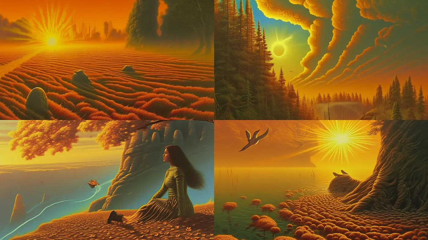 Surreal Radiance in Amber Tones: Visions of Enigmatic Sunscapes - Midjourney sref style