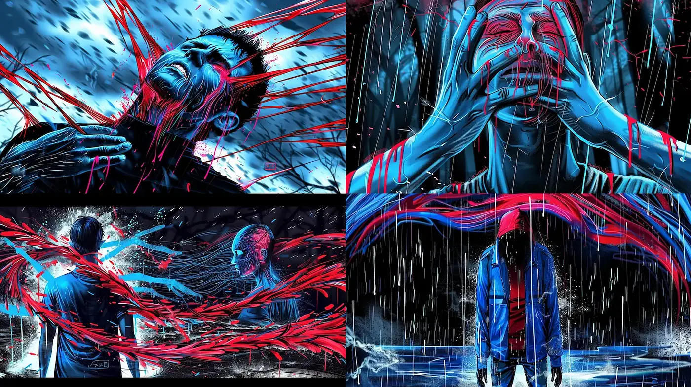 Dynamic and expressive illustration with intense emotional undertones - Midjourney sref style