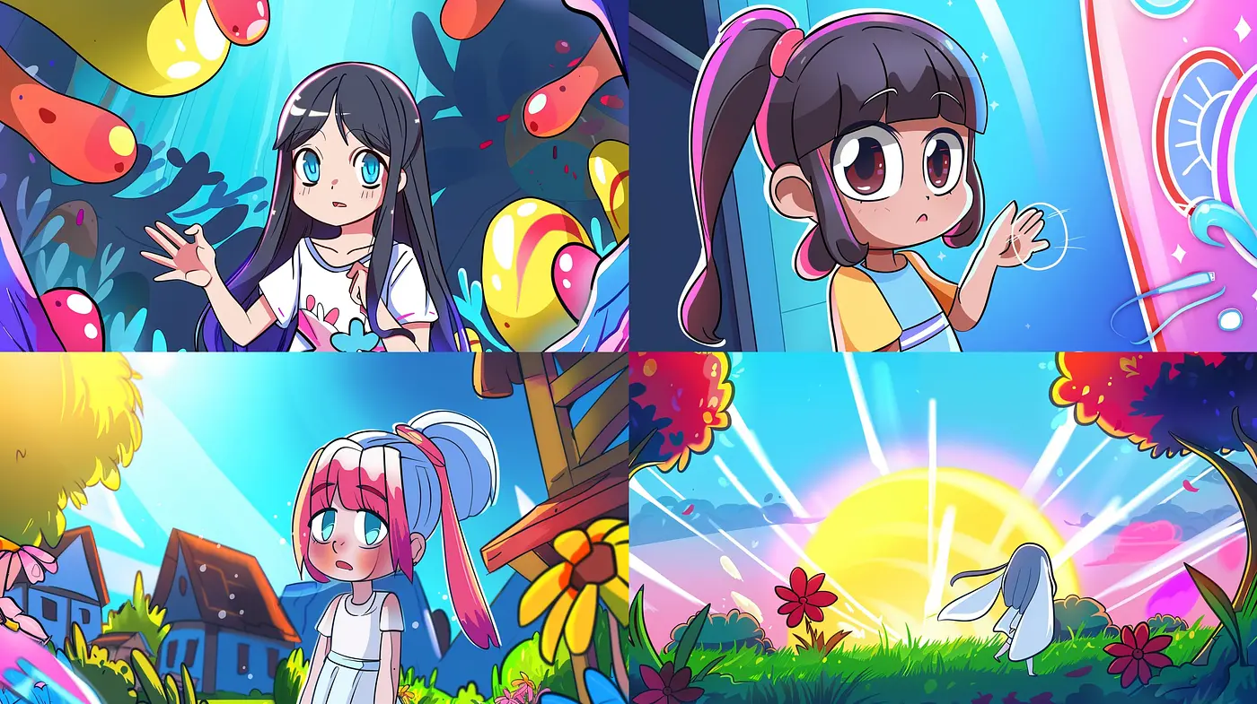 Whimsical Chromatic Harmony: A Fusion of Cartoon Vibrancy and Expressive Linework - Midjourney sref style