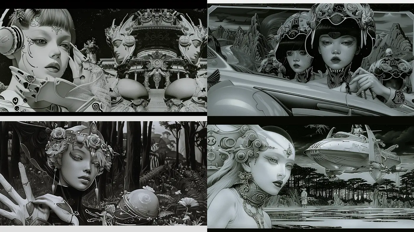 Monochromatic Dreamscape: Ethereal Figures Amidst Surreal Environments - Midjourney sref style