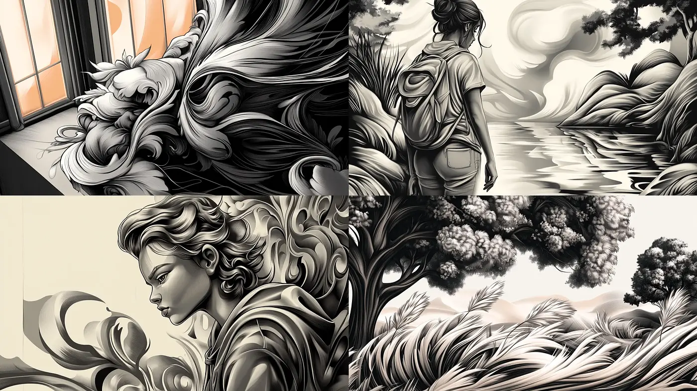 Monochromatic Whispers in Swirling Dreamscape - Midjourney sref style