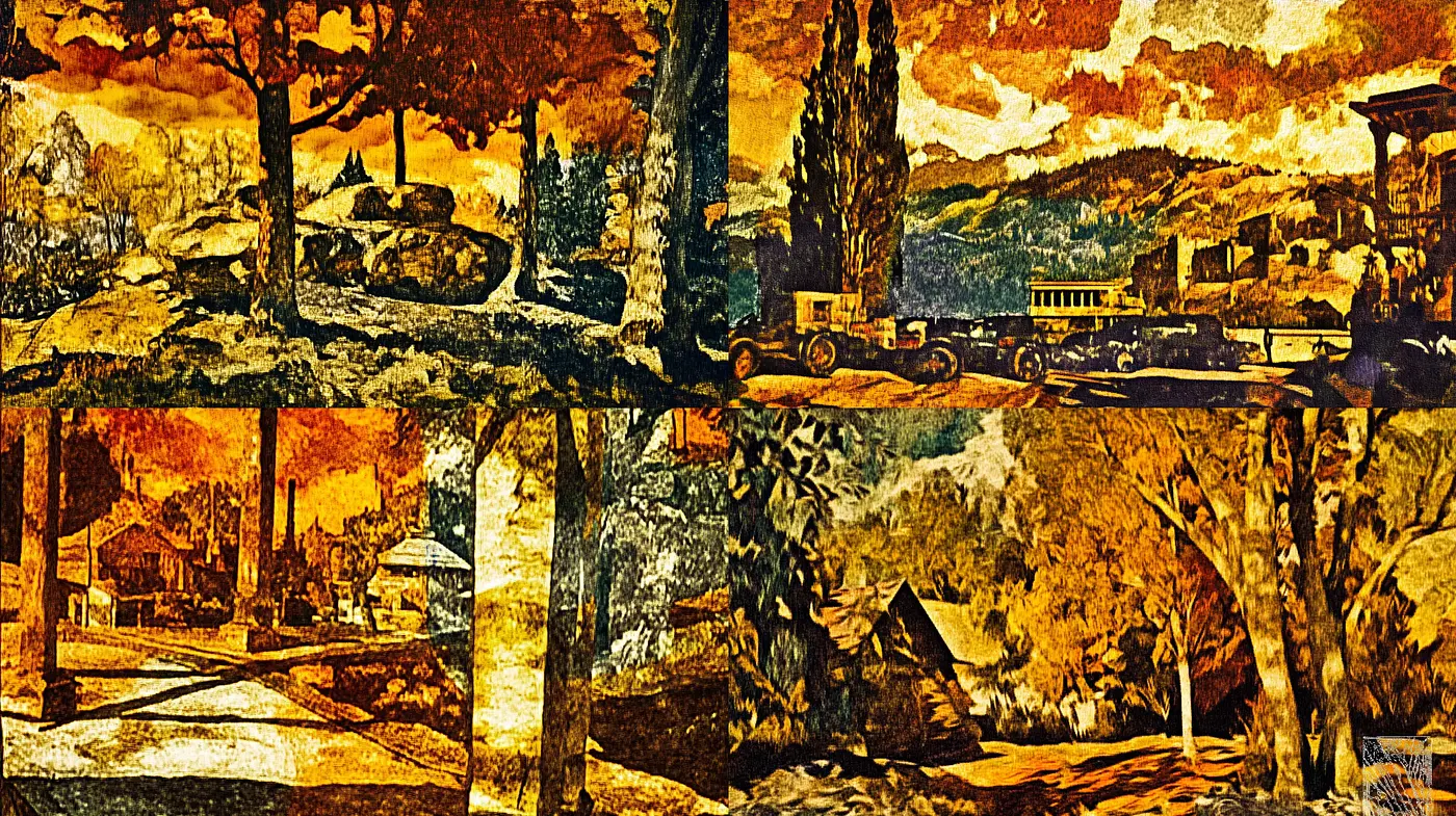 Amber-Toned Vintage Panorama with Textured Impressions - Midjourney sref style