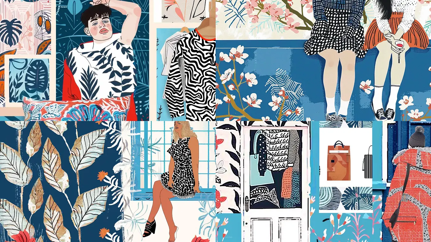 Contemporary Florals and Figures in a Stylized Fabric Collage - Midjourney sref style