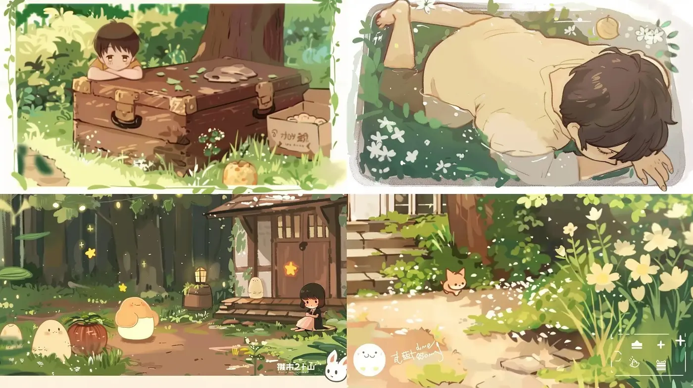 Idyllic Serenity in Nature: A Soft-Toned Anime-Inspired Vignette - Midjourney sref style