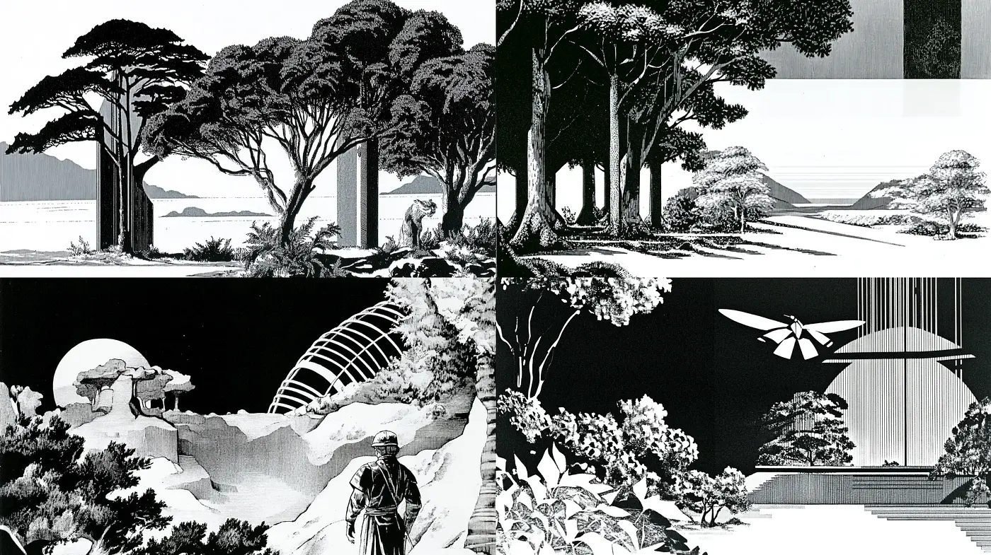 Monochromatic Arboreal Dreamscape in High-Contrast Ink - Midjourney sref style