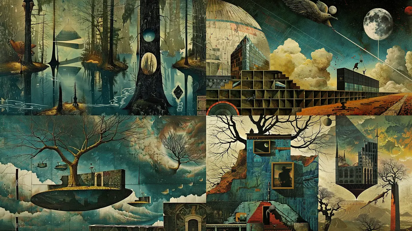Surreal Architectural Dreamscape with a Vintage Tinge - Midjourney sref style