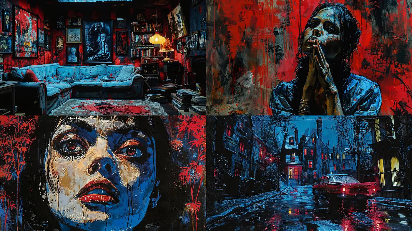 Nocturnal Elegance: A Fusion of Intense Hues and Dynamic Textures in Contemporary Visual Narratives - Midjourney sref style