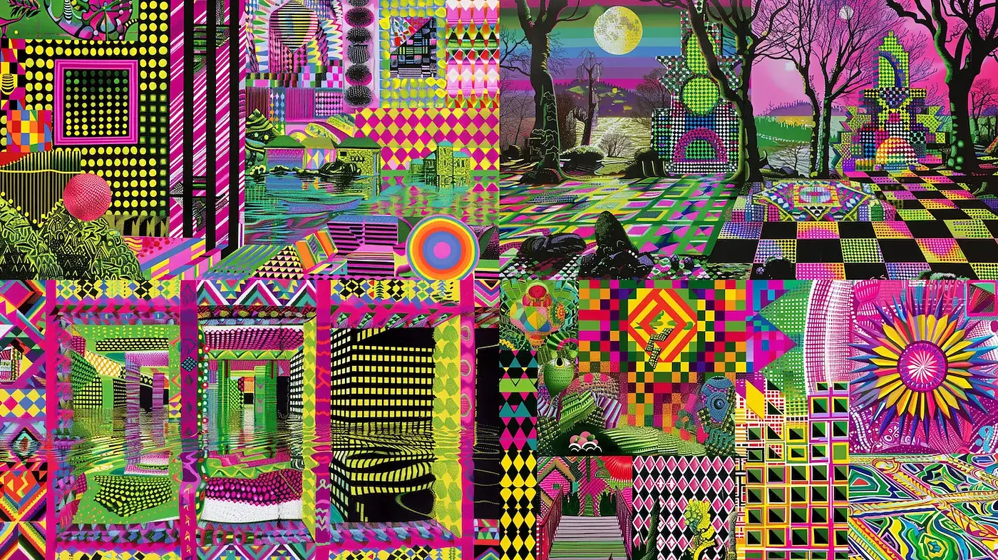 Vibrant Geometric Surrealism with Neon Aesthetic - Midjourney sref style