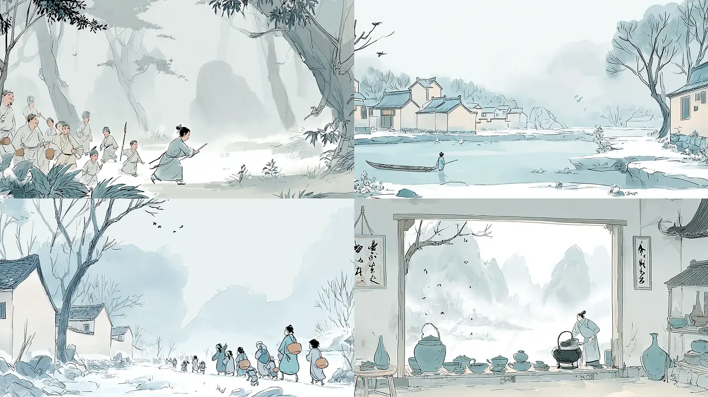 Serene Watercolor Landscapes with Traditional Themes - Midjourney sref style