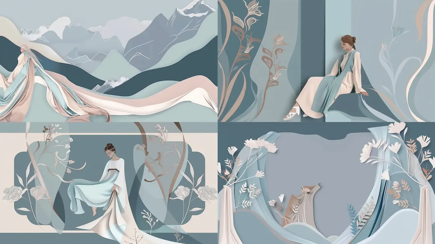 Serene Pastel Elegance Depicting Stylized Nature and Graceful Figures - Midjourney sref style