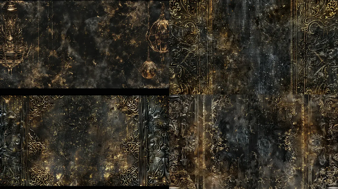 Ethereal Patterns of Antiquity: A Fusion of Dark Opulence and Mystical Relics - Midjourney sref style