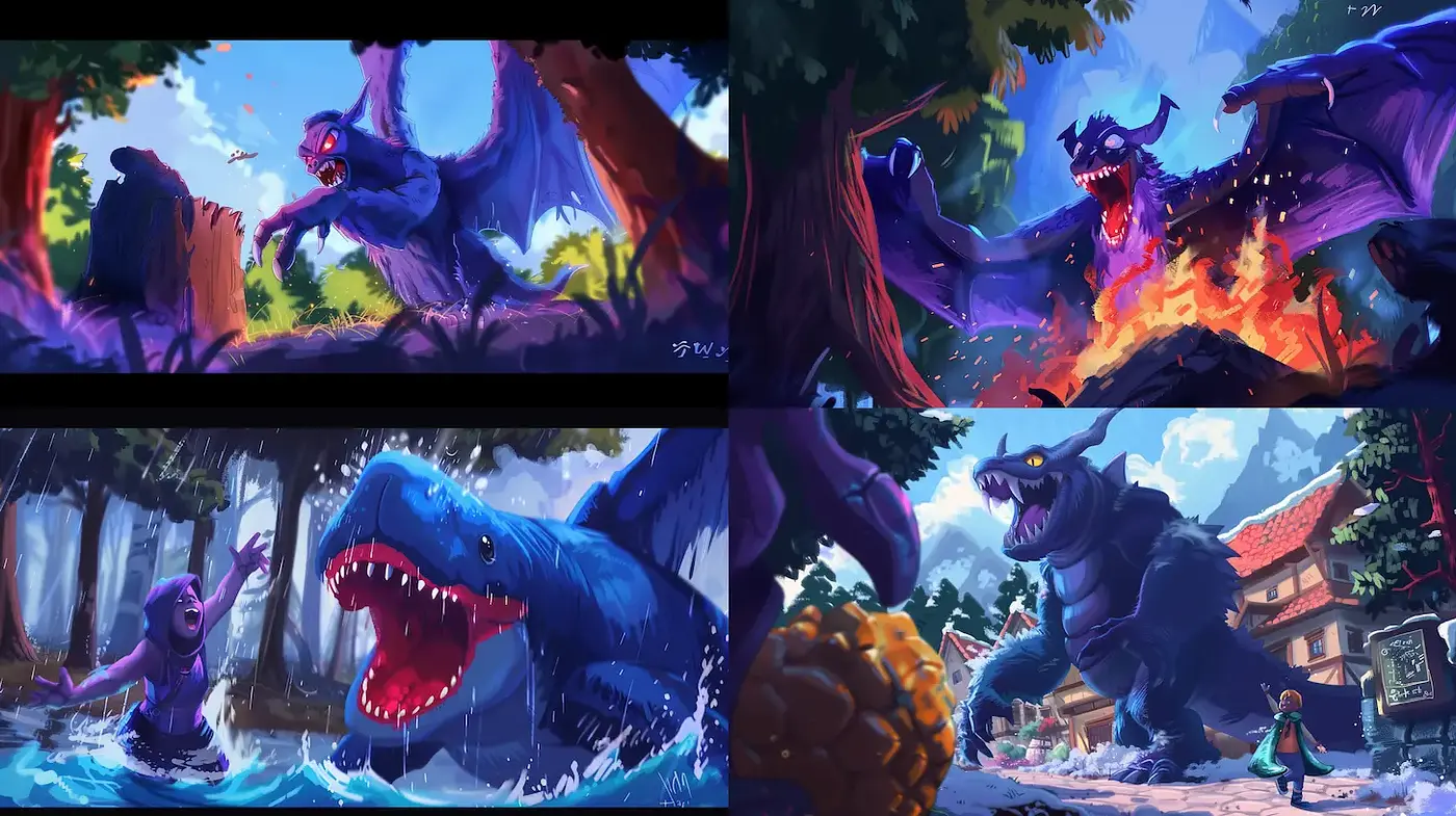 Vibrant Fantasy Illustrations with Dynamic Action and Playful Elements - Midjourney sref style