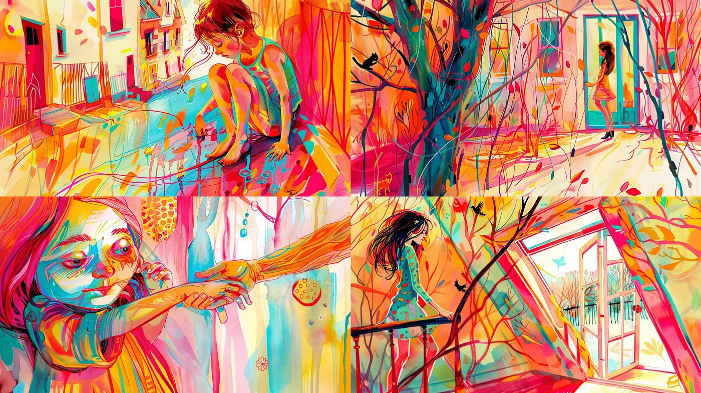 Vibrant Surreal Expressions in a Dreamlike Narrative - Midjourney sref style
