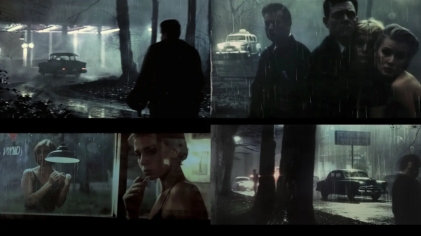 Noir-Inspired Cinematic Tapestry with Rain-Slick Streets and Neon Hints - Midjourney sref style