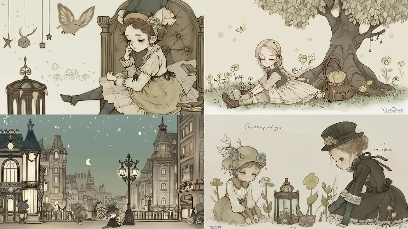Whimsical and nostalgic illustrations inspired by vintage aesthetics and nature themes - Midjourney sref style