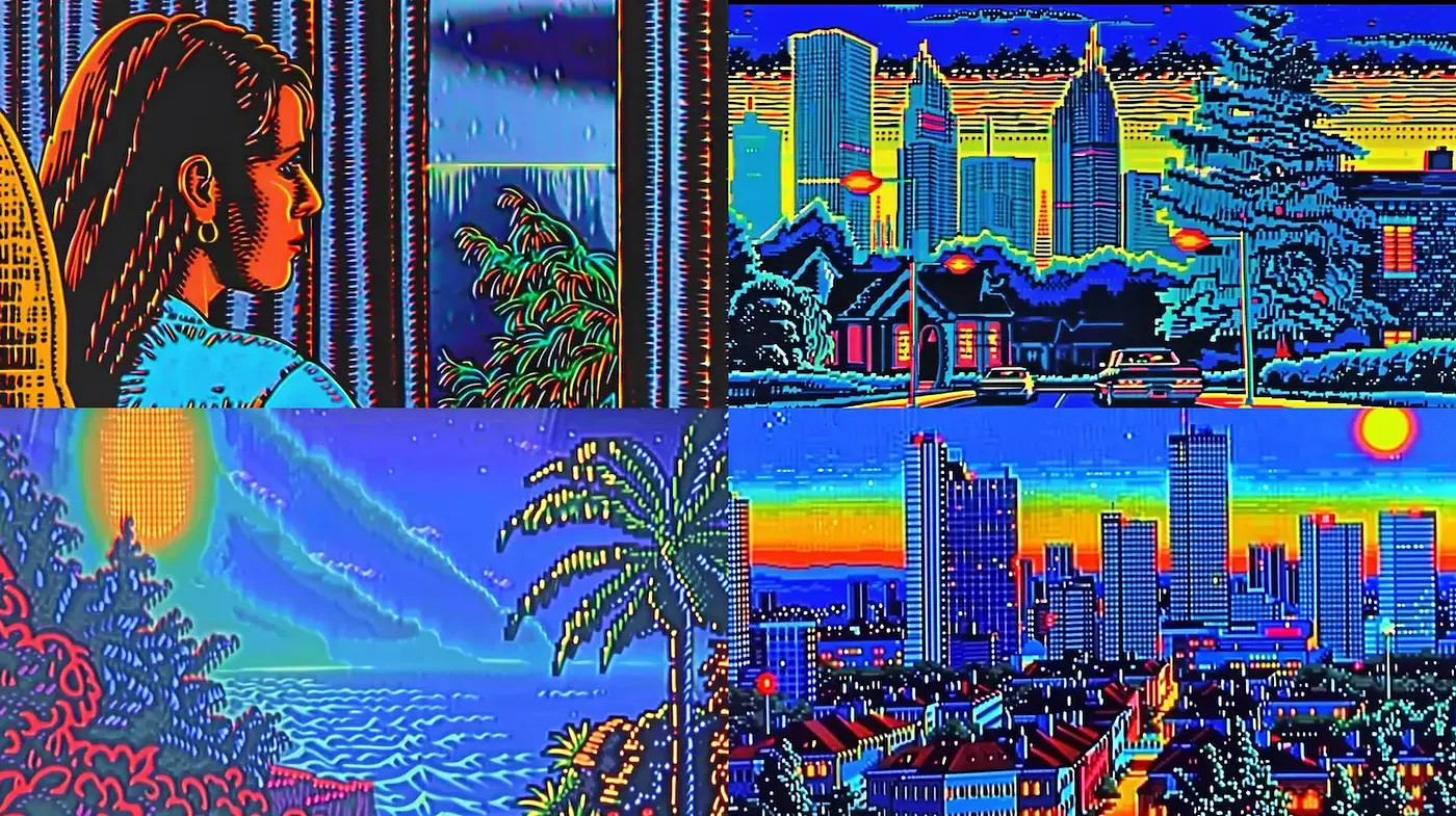 Vibrant retro urban landscapes with nostalgic undertones - Midjourney sref style