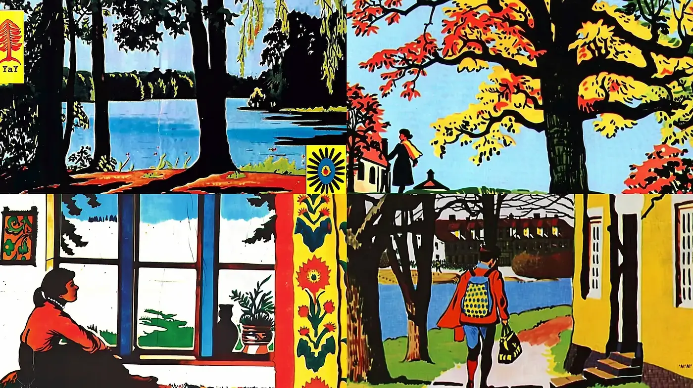 Vibrant Retro Scene with Nature and Everyday Life - Midjourney sref style