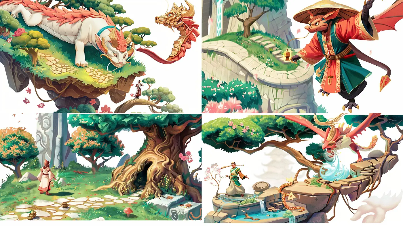 Fantastical Eastern Mythology Rendered in Vivid Storybook Illustration Style - Midjourney sref style