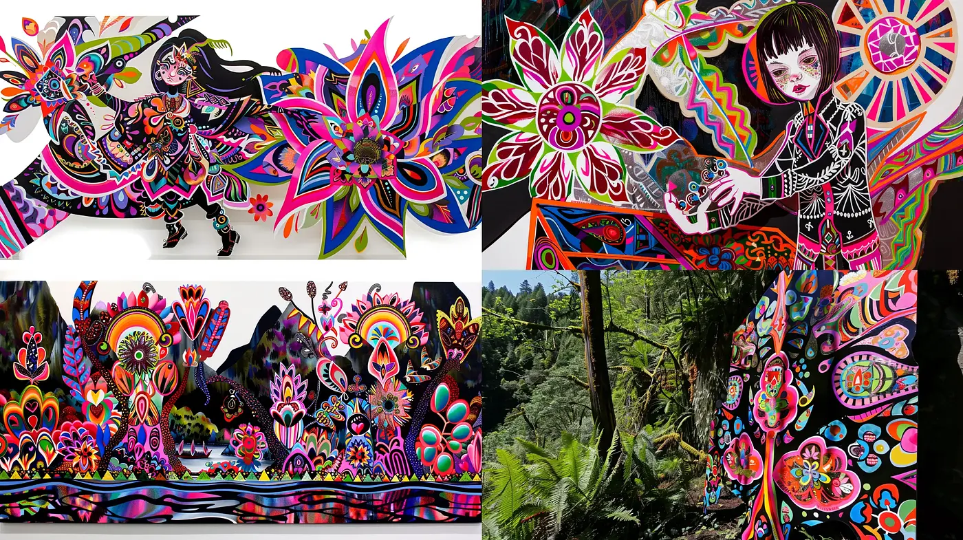 Psychedelic Floral Extravaganza with Vibrant Artistic Fusion - Midjourney sref style