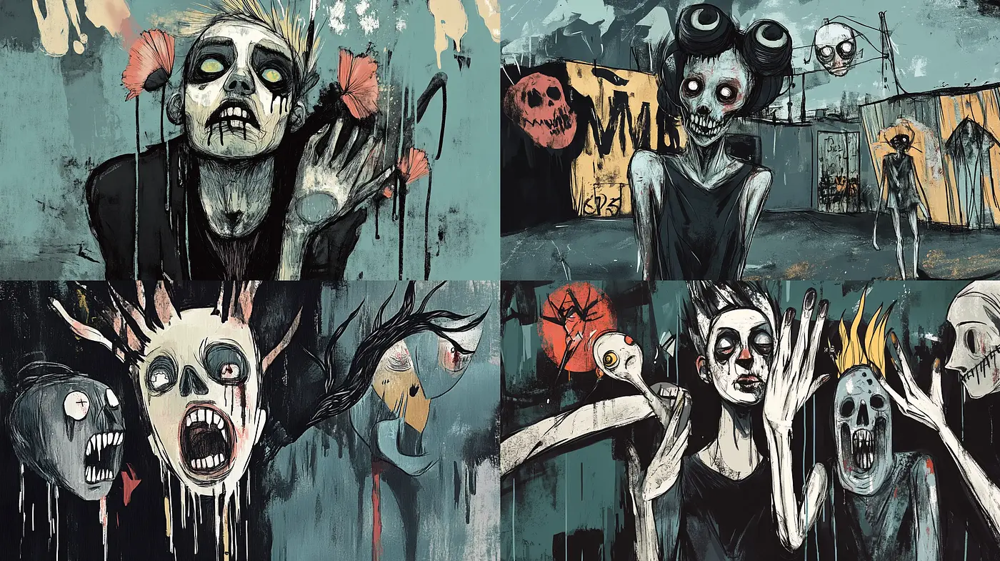 Grunge-Inspired Macabre Expressionism with Pop Surrealist Undertones - Midjourney sref style