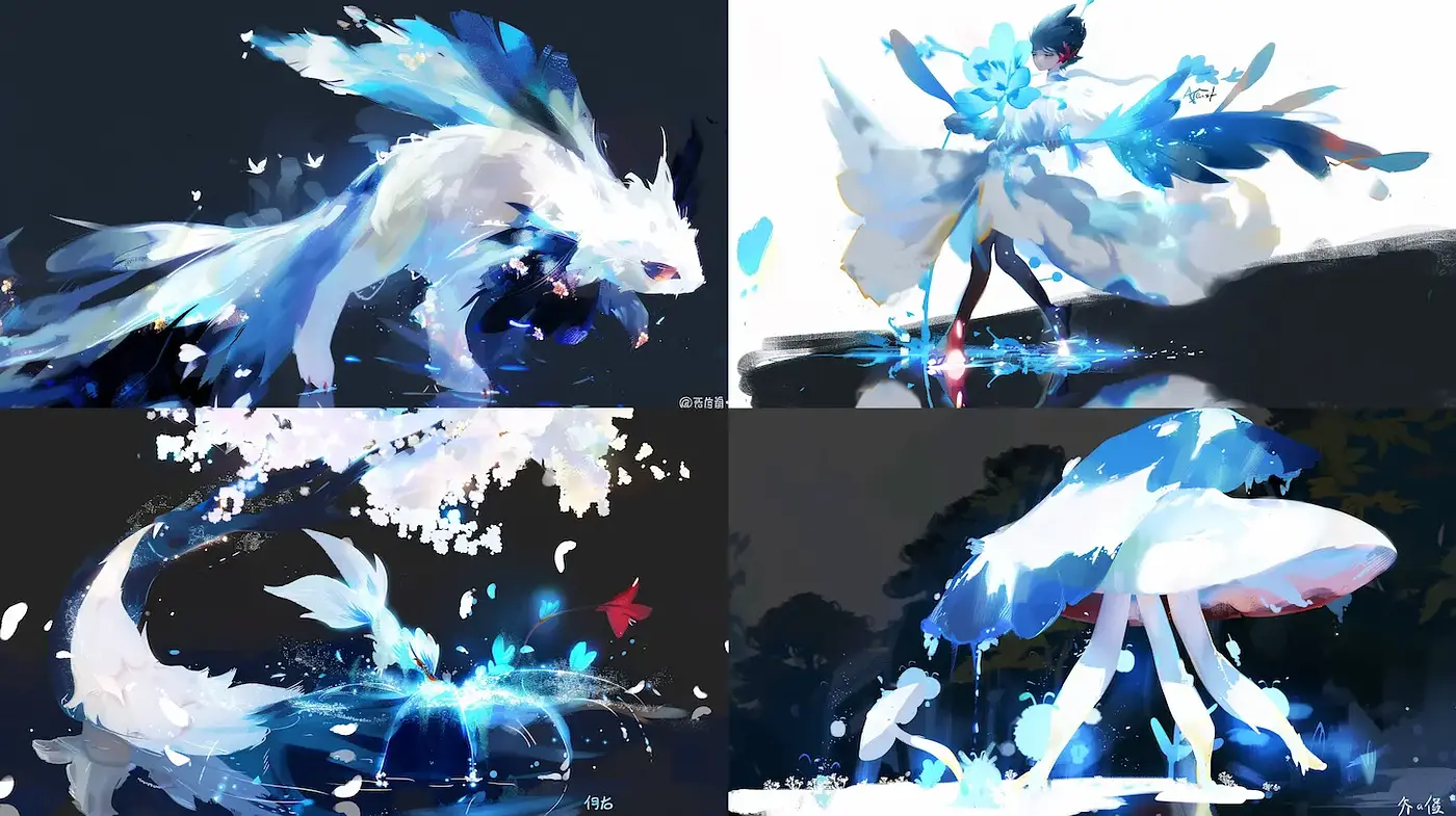 Dynamic and Ethereal Fantasy Landscapes with Fluidity and Colorful Elements - Midjourney sref style