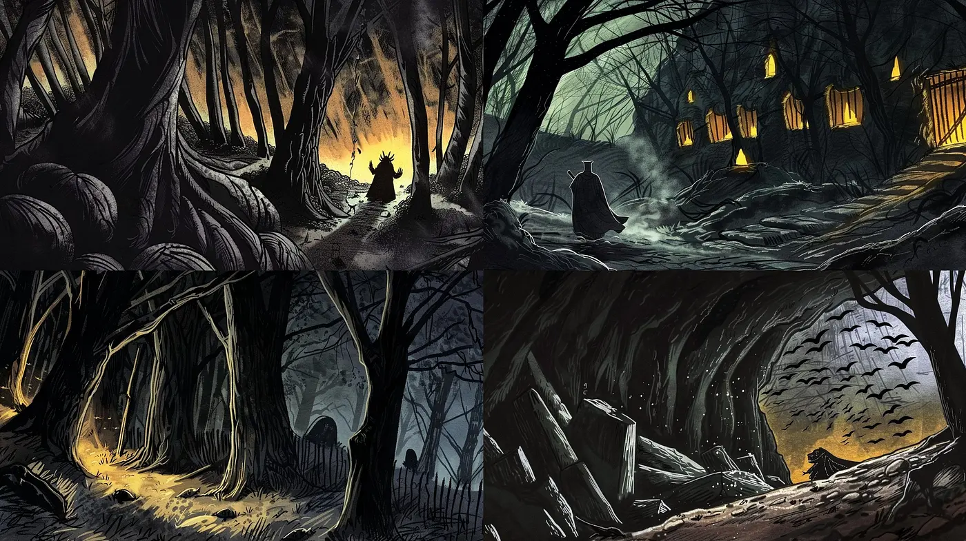Eerie Twilight: A Gloom-Infused Evocation of Stylized Foreboding Woods - Midjourney sref style