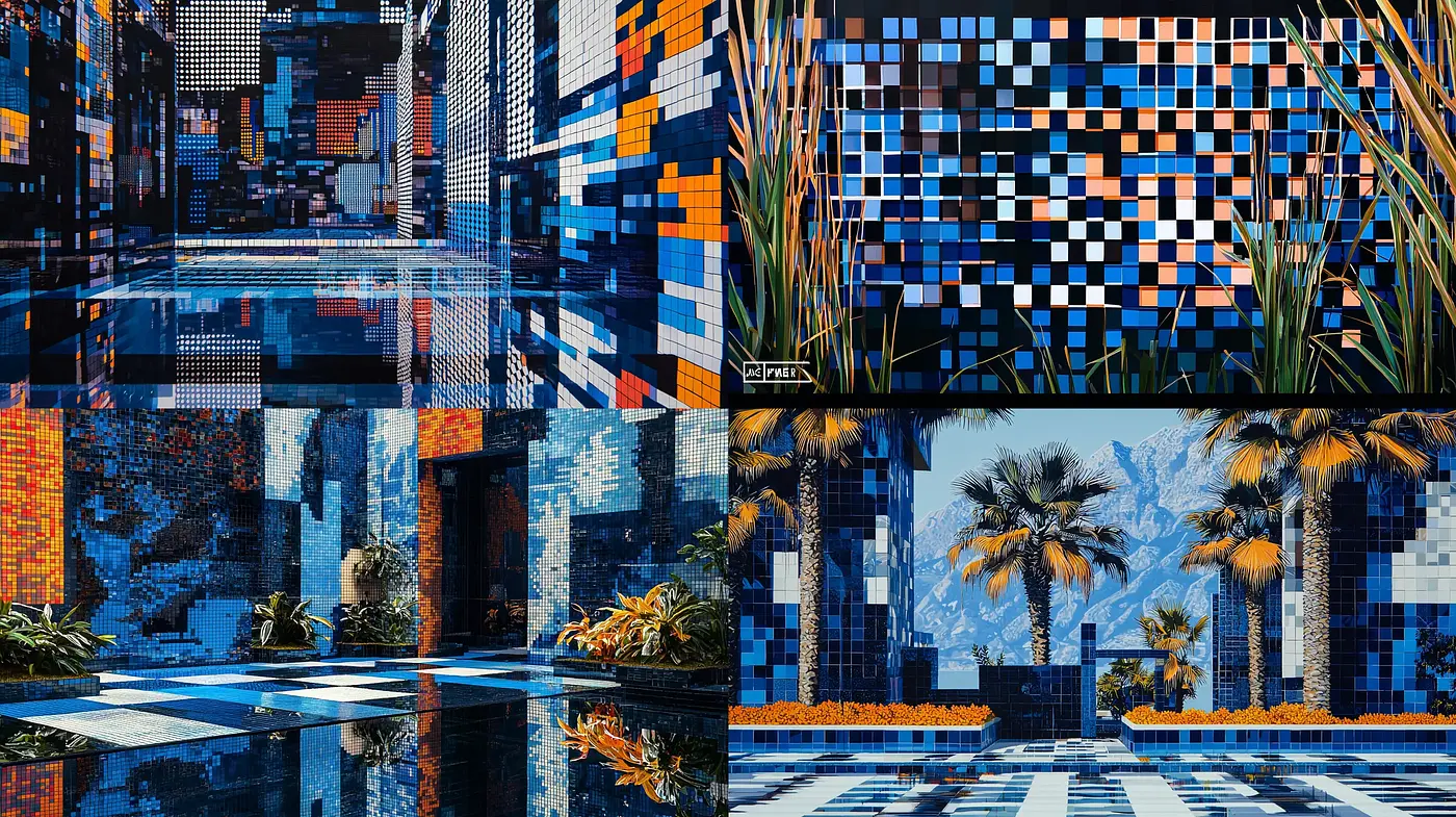 Mosaic Serenade in Sapphire Hues: A Digitally Stitched Patchwork of Cinema and Reality - Midjourney sref style