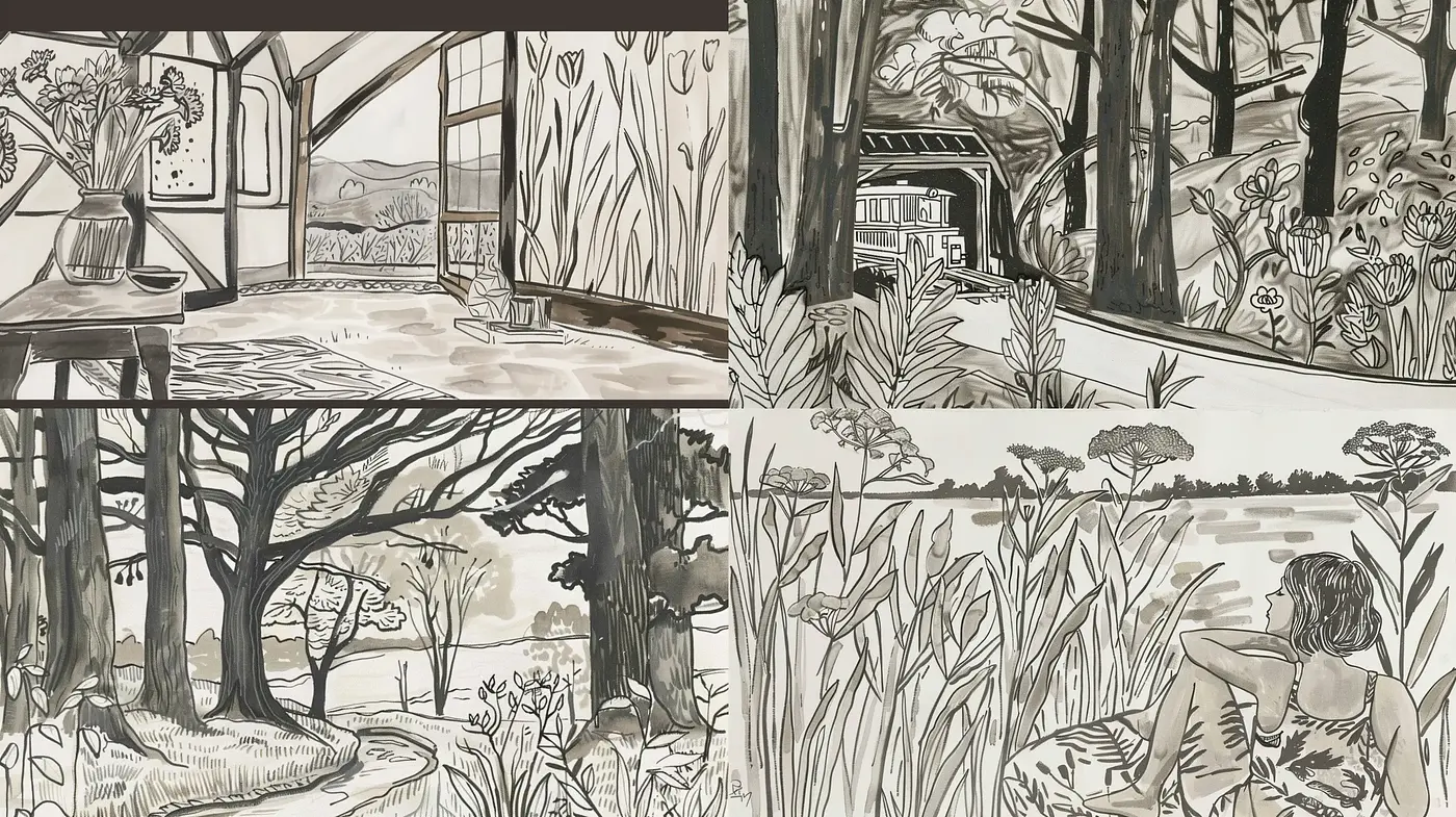 Monochromatic Ink Wash Reflections of Tranquil Nature Scenes - Midjourney sref style