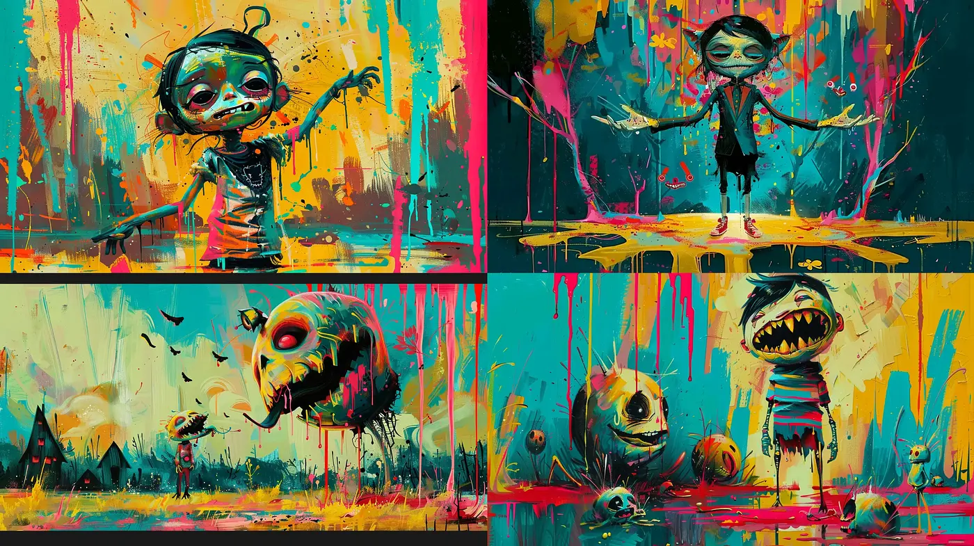 Eccentric Drip and Splotch Fusion with a Vibrant Post-Apocalyptic Flair - Midjourney sref style