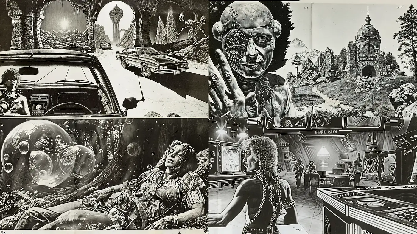 Retro-futuristic Science Fiction Aesthetics with Detailed Illustrations - Midjourney sref style