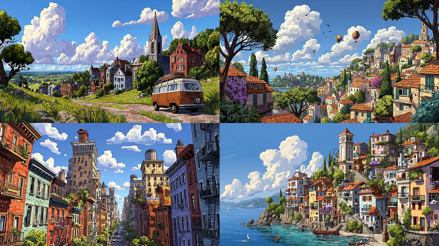 Charming Landscapes with Vibrant Architectural Details - Midjourney sref style