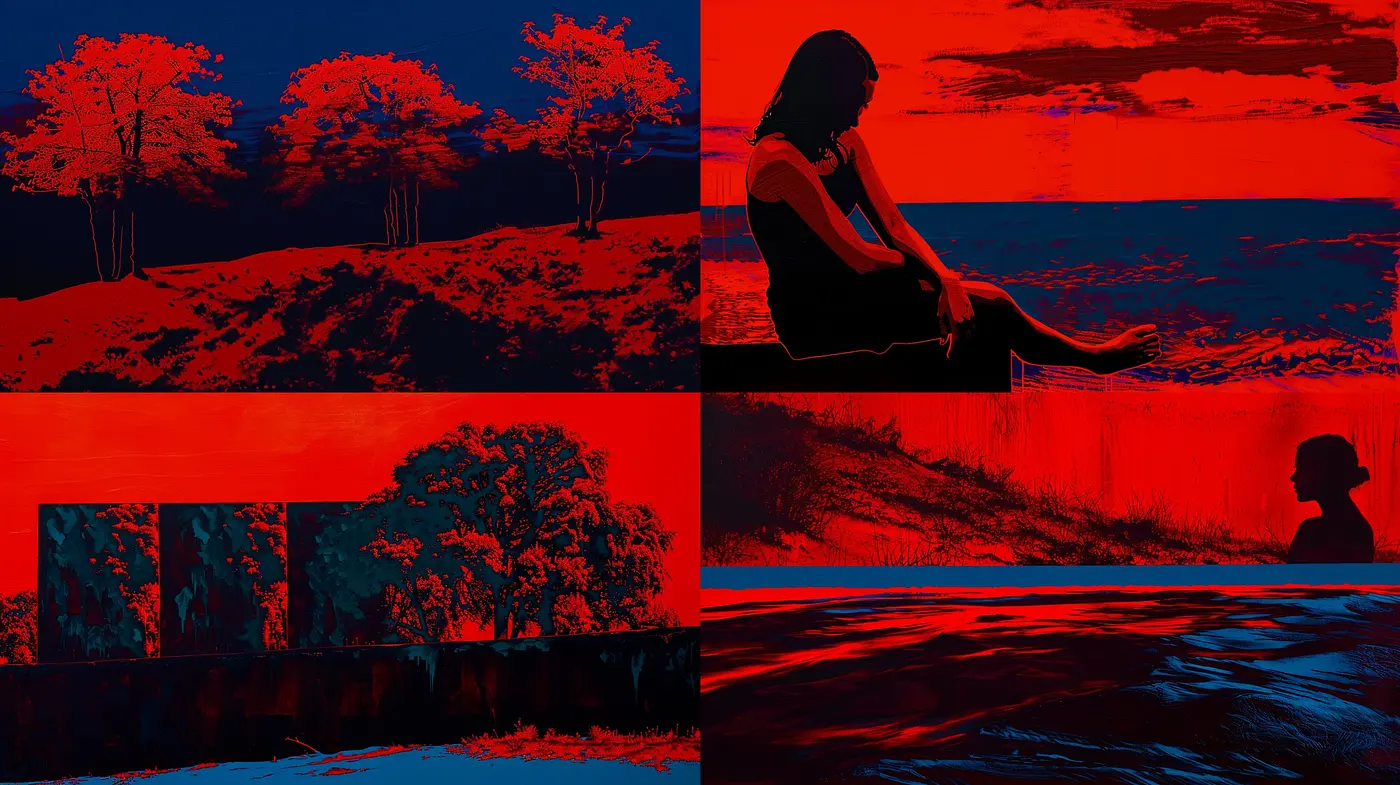Vibrant Dichotomy: A Study in Contrasting Red and Blue Tones with Bold Silhouettes - Midjourney sref style