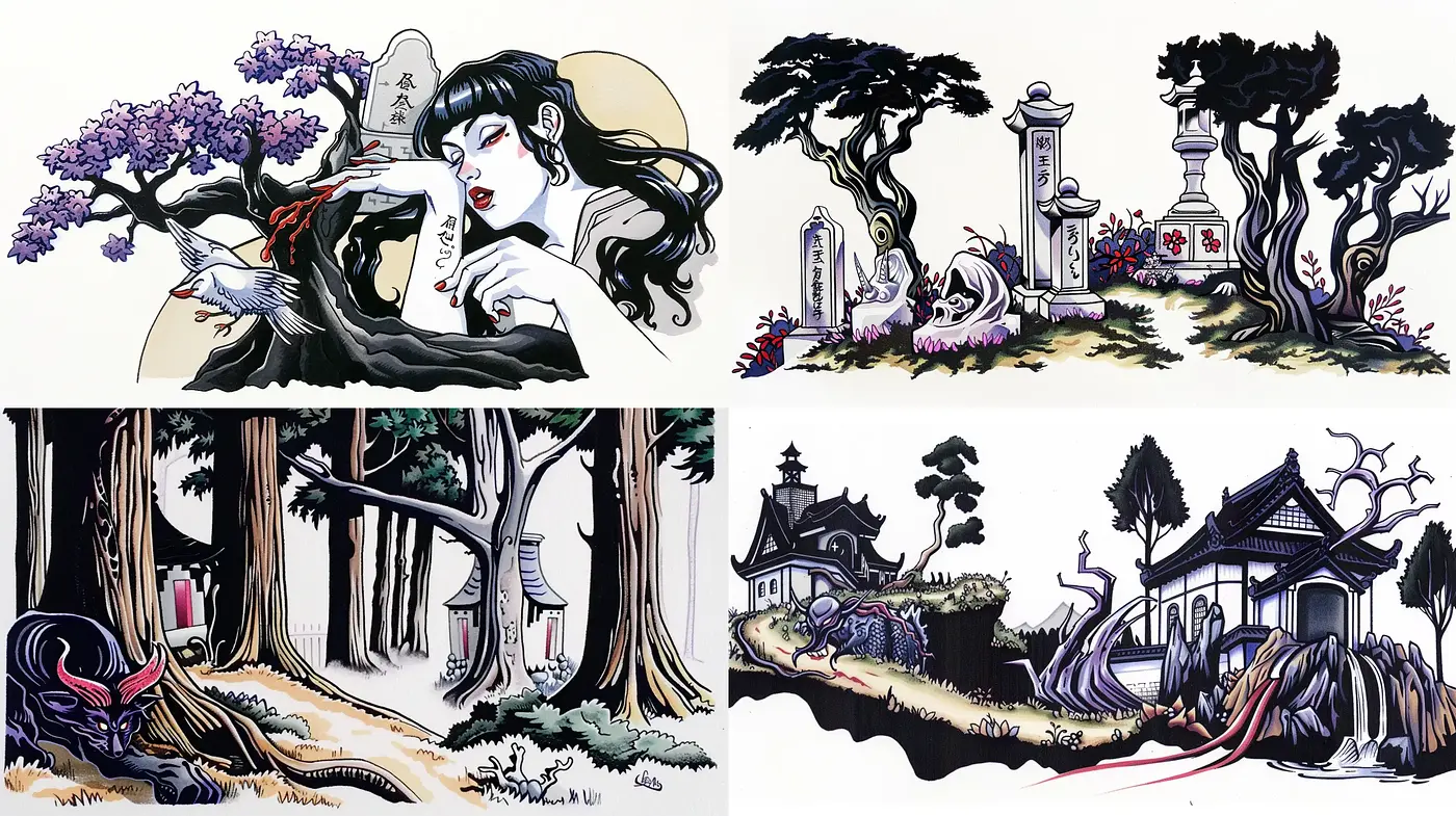Ethereal Ink Wash Dreamscapes with Gothic Elegance - Midjourney sref style