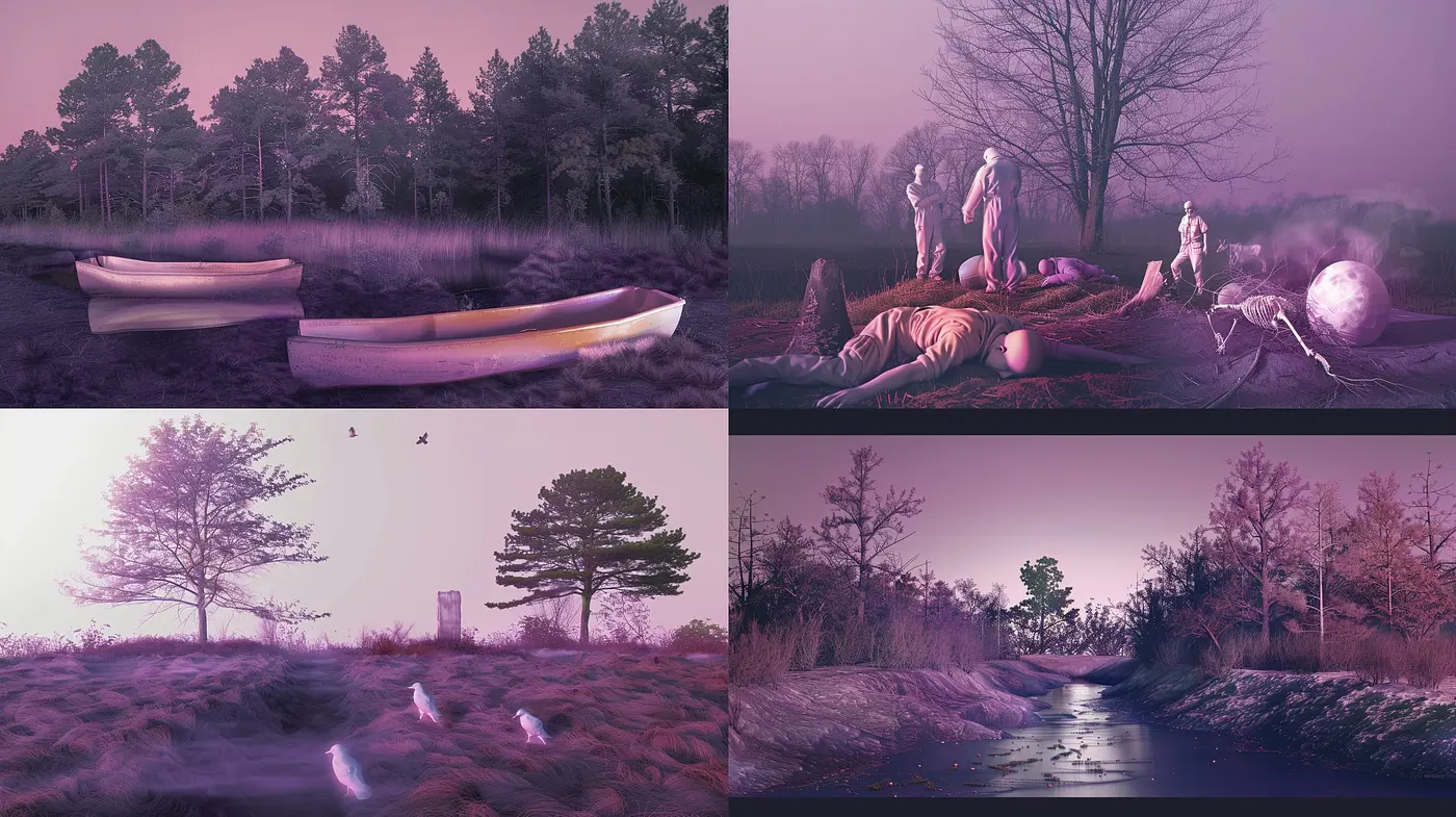 Twilight Dreamscapes: Ethereal Nature and Surreal Undertones in a Misty Realm - Midjourney sref style