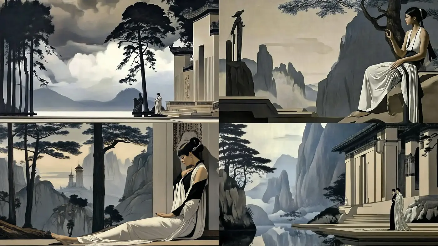 Neoclassical Serenity in Monochromatic Scenes - Midjourney sref style