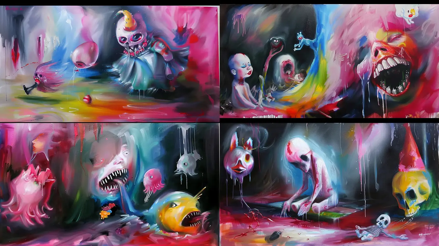 Surreal Nightmare Fantasy: A Vivid Tableau of Grotesque Whimsy - Midjourney sref style