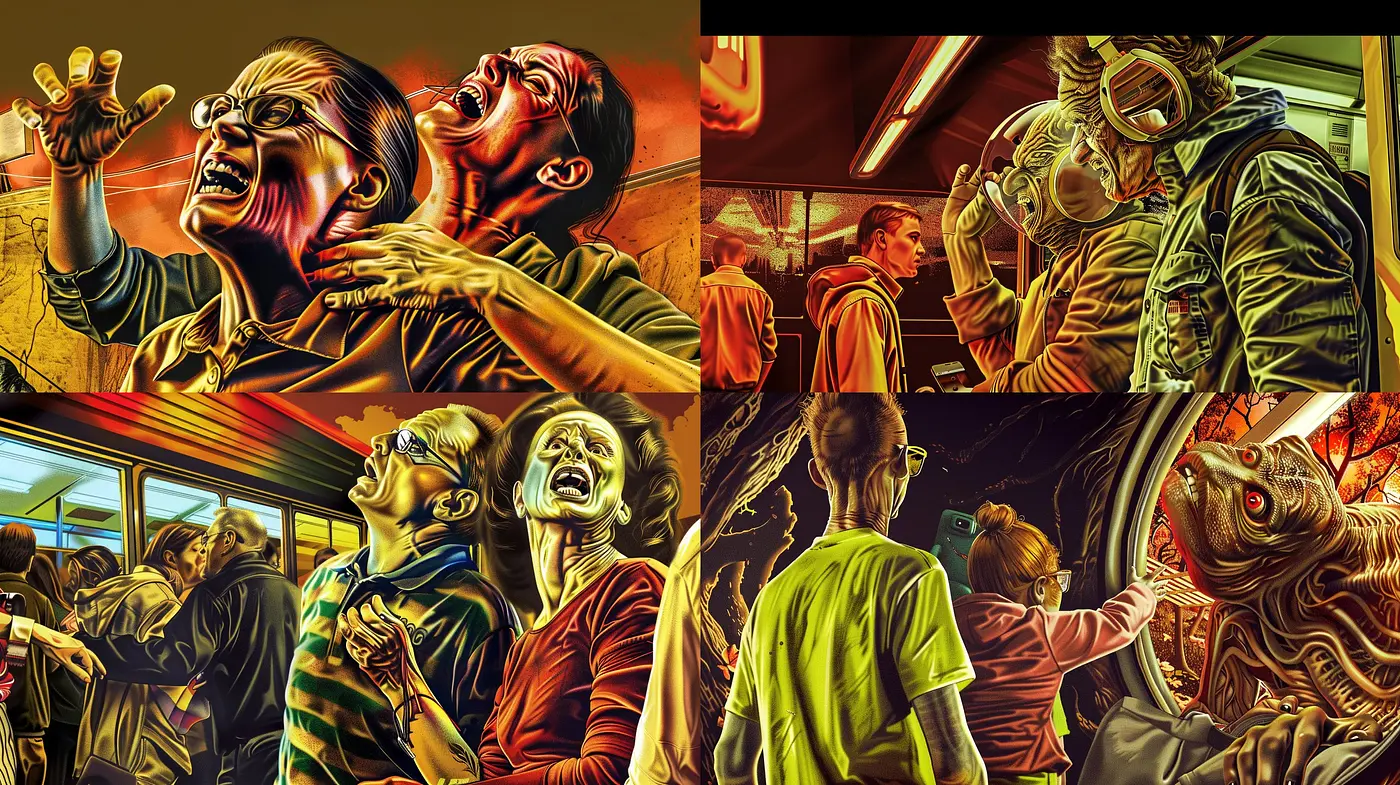 Dramatic Surrealism in Warm Tones: A Fusion of Vibrant Energy and Eerie Calmness - Midjourney sref style