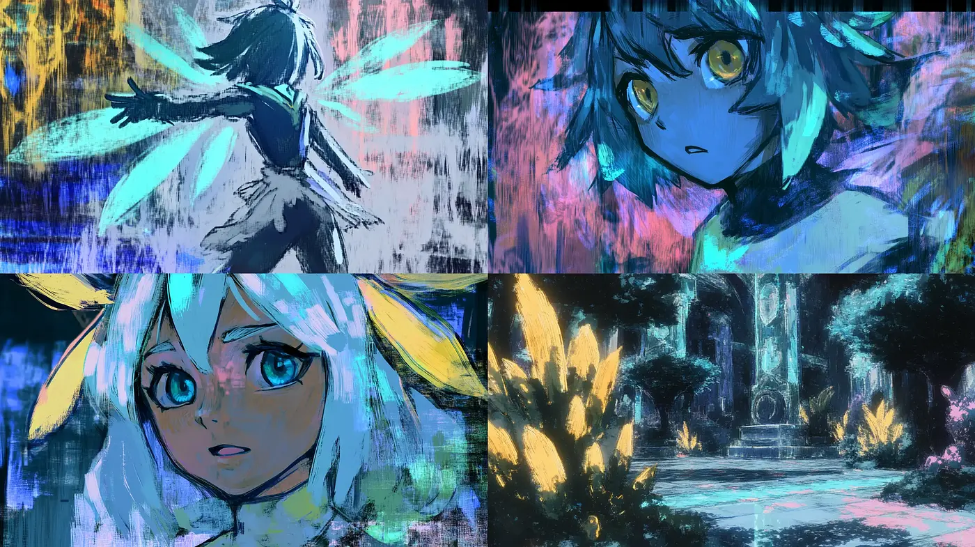 Ethereal Neon Brushwork: A Digital Blend of Vivid Anime and Impressionist Textures - Midjourney sref style