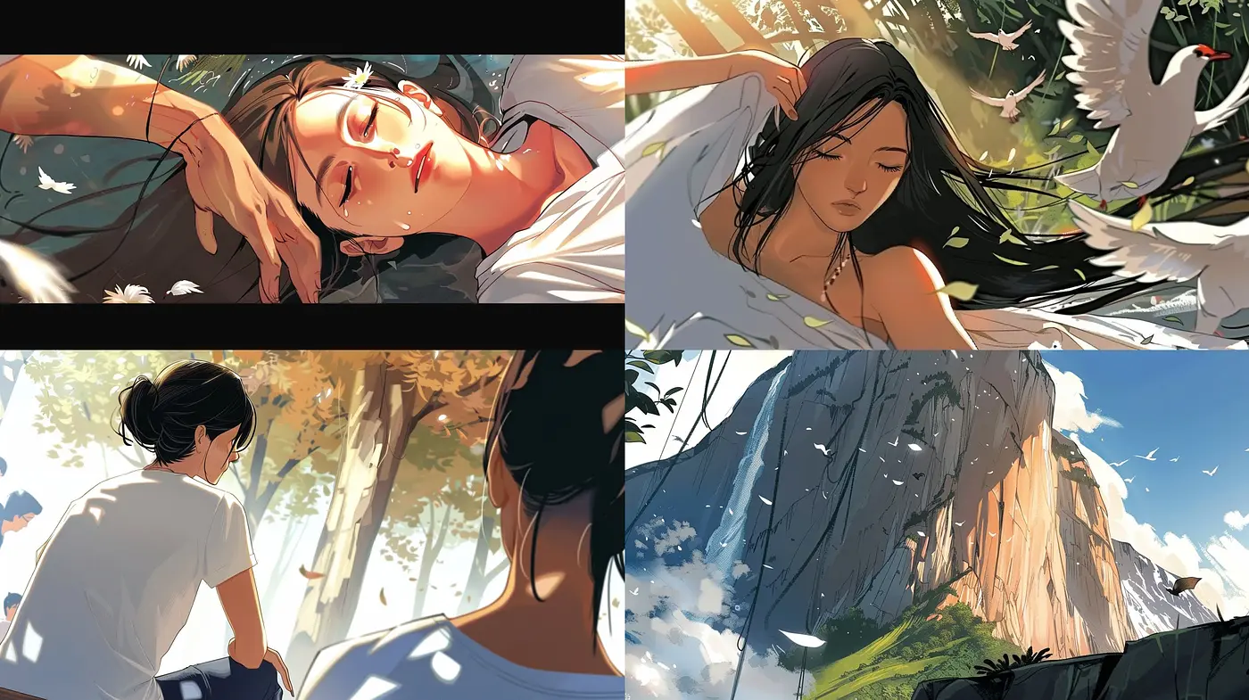 Sun-Dappled Serenity: A Harmonious Blend of Nature and Human Elegance in Art - Midjourney sref style