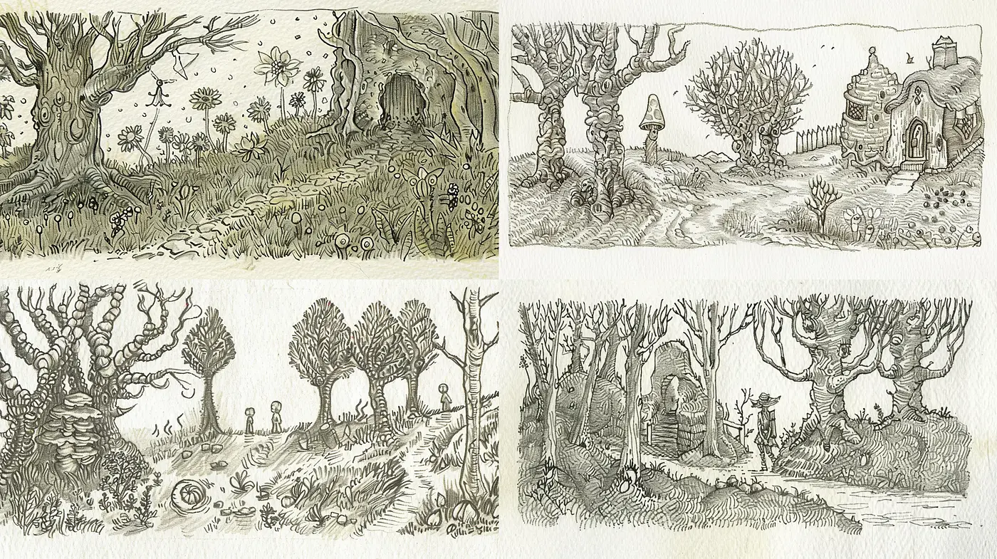 Enchanted Ink Sketches of Mystical Countrysides - Midjourney sref style