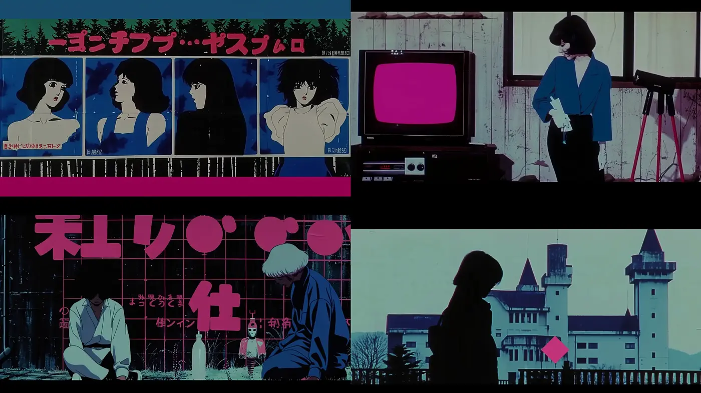 Retro Cinematic Panache with a Palette of Moody Blues and Striking Pinks - Midjourney sref style